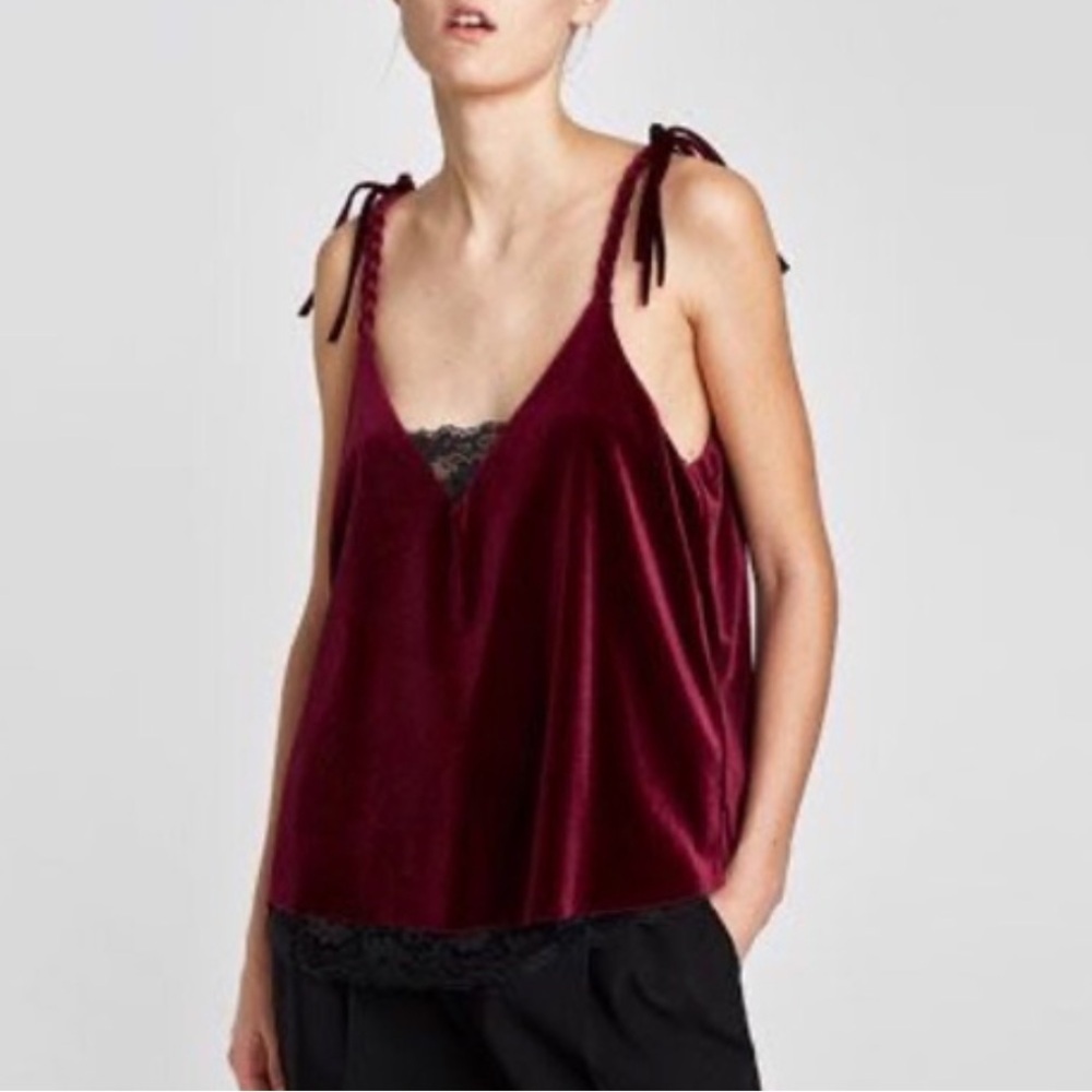 Zara Basic Burgundy Velvet lace top braided straps whimsigoth dark